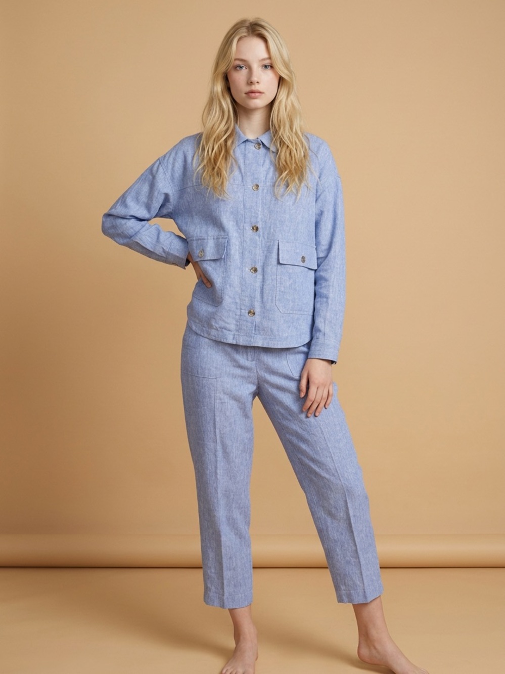 EUC Zara Linen Blend Chambray Blue Straight-Leg Pants & Shirt Jacket Set (M)